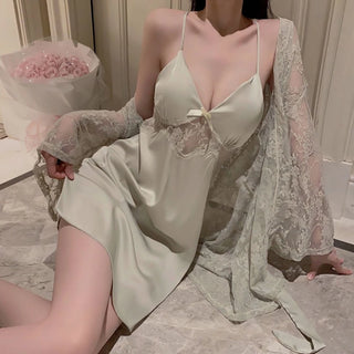Elegant Ice Silk Lace Halter Nightdress & Robe Set